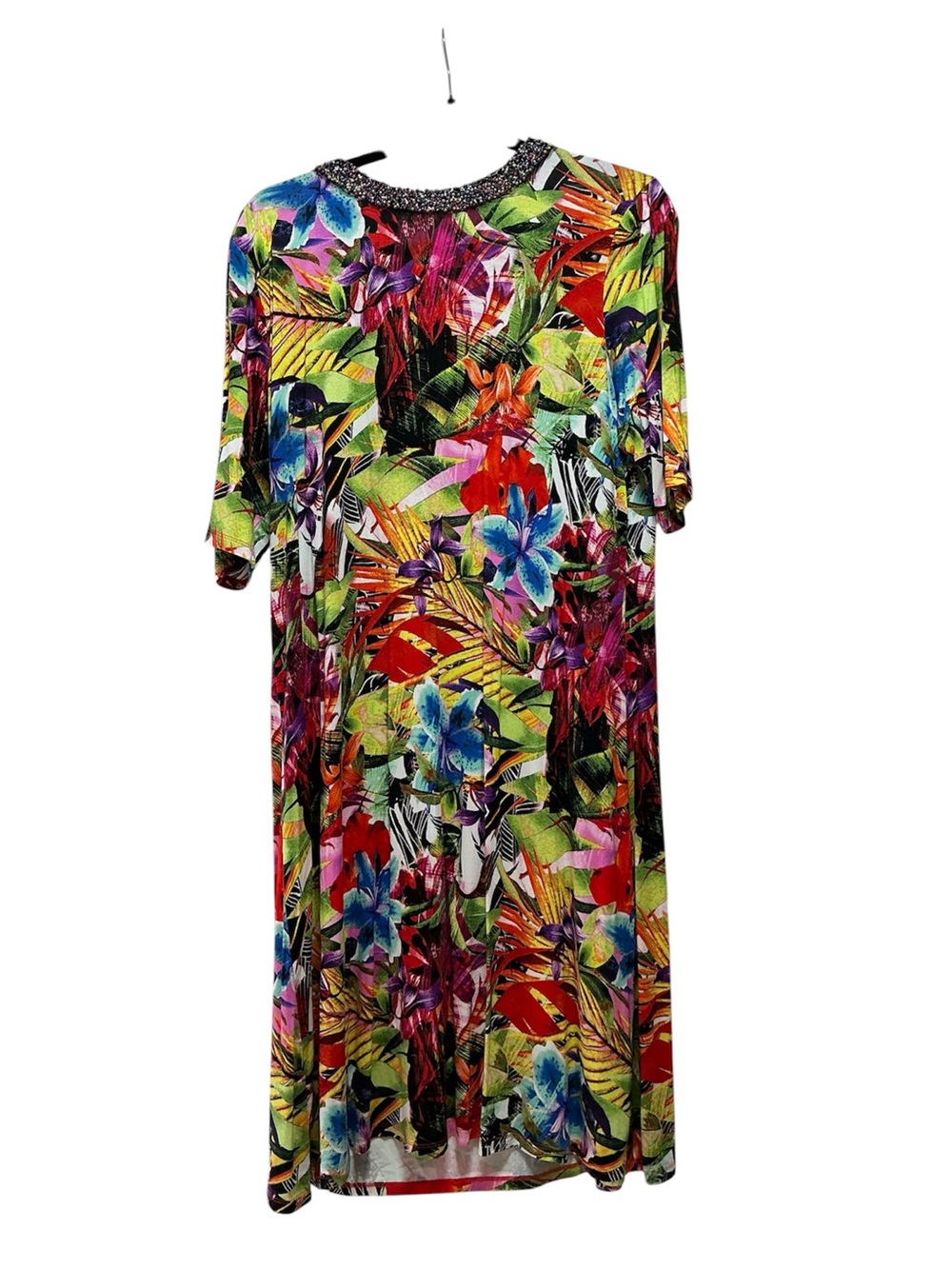 Women’s Investment Tropical Floral Beaded Neckline Colorful Shift Dress Sz L